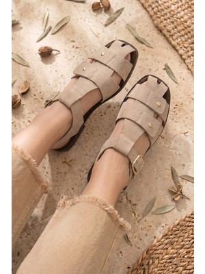 Stilbagshoes Sissy Pim Detaylı Ön Kapalı Ithal Model Kadın Sandalet Bej