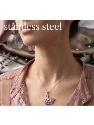 Stainless Steel Gümüş Renk Pembe Zirkon Taşlı Kuğu Model Kararmaz Çelik Kolye
