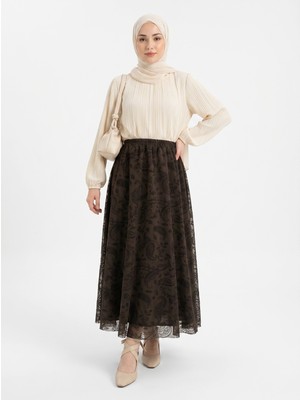 Nevayla Moda Flok Tül Çiçek Desenli Etek - Kahverengi / A0107