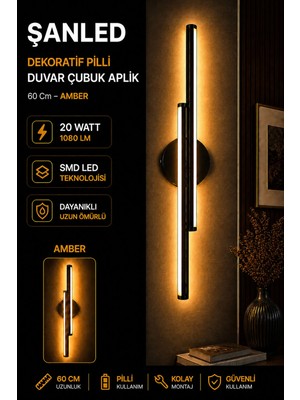 ŞANLED Dekoratif 20W Iç Mekan Siyah Kasa Amber Rengi Işık 60 cm Duvar Aplik Pilli 1 Adet