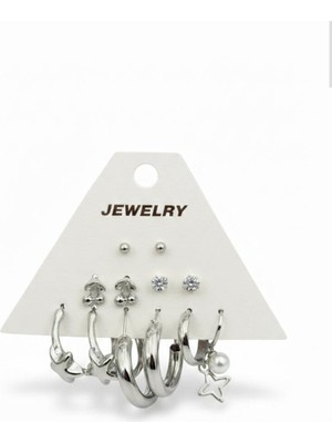 Stainless Steel Gümüş Renk 12 Adet (6 Çift) Küpe Set 20