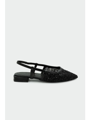 Laminta Buss Payet Işlemeli Kadın Siyah Düz Babet