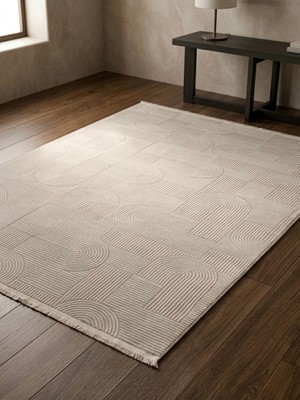Belmando Lüks Minimalist Seri – Gri ve Beyaz Geometrik Desenli Akrilik Modern Halı Salon Mutfak ve Oturma Odası