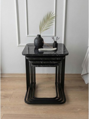 Sofex 4'lü Tekerlekli Modern Zigon Sehpa (Siyah Carrara )