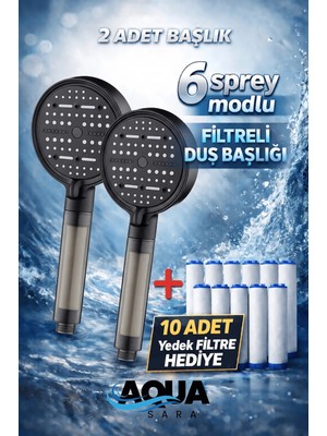 Aqua Sara 2 Adet 6 Fonksiyonlu Filtreli Duş Başlığı (10ADET Yedek Filtre)| Su Arıtmalı, Klor ve Kireç Önleyici, Yüksek Basınçlı