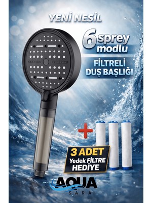 Aqua Sara 6 Fonksiyonlu Filtreli Duş Başlığı (3ADET Yedek Filtre)| Su Arıtmalı, Klor ve Kireç Önleyici, Yüksek Basınçlı