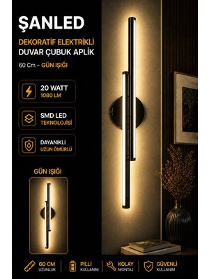 ŞANLED Dekoratif 20W Iç Mekan Siyah Kasa Gün Işığı 60 cm Duvar Aplik Pilli 1 Adet