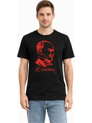 Erkek Atatürk Baskılı Tişört Kısa Kollu Bisiklet Yaka T-Shirt - Siyah