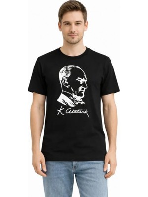 Erkek Atatürk Baskılı Tişört Kısa Kollu Bisiklet Yaka T-Shirt - Siyah
