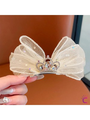 Cinderella Kristal Taşlı Yıldızlı Bej Tül Fiyonklu Kız Çocuk Prenses Tacı - Parti Doğum Günü Pens Saç Tokası