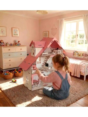 Ahşap Iskandinav Oyun Evi, Full Aktif Eşyalı, 3 Katlı, 85 cm ( Montessori Uyumlu)