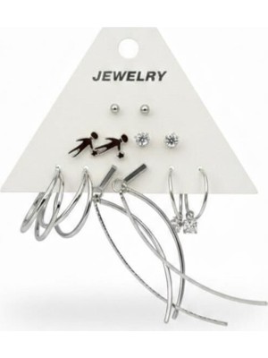 Stainless Steel Gümüş Renk 12 Adet (6 Çift) Paslanmaz Çelik Küpe Set 17