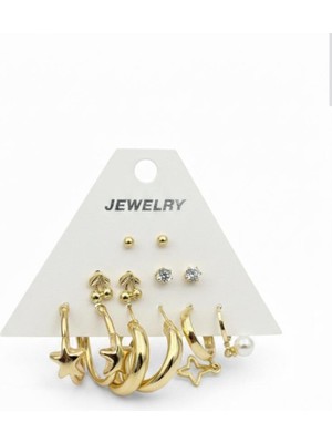 Stainless Steel Gold Renk 12 Adet (6 Çift) Küpe Set 19