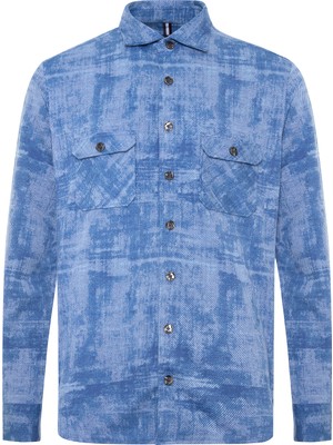 Abbate Legend Örme Kumaş Pamuk Karışımlı Overshirt Fit Açık Mavi Klasik Yaka Erkek Desenli Gömlek Ceket