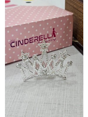Cinderella Yıldızlı Kız Çocuk Bebek Doğum Günü Tacı Kristal Gümüş Taşlı - Prenses Taç Taraklı Saç Topuz Tokası
