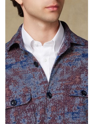 Abbate Legend Örme Kumaş Viskon Karışımlı Overshirt Fit Lacivert Klasik Yaka Erkek Desenli Gömlek Ceket