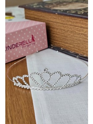 Cinderella Zirkon Taşlı Kız Çocuk Prenses Tacı Gümüş Model7 - Doğum Günü Parti Düğün Kına Kuran Saç Bandı Toka
