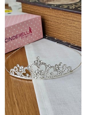 Cinderella Zirkon Taşlı Kız Çocuk Prenses Tacı Gümüş Model9 - Doğum Günü Parti Düğün Kına Kuran Saç Bandı Toka