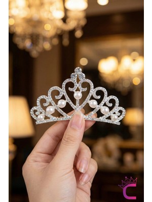 Cinderella Kız Çocuk Prenses Tacı Incili Zirkon Taşlı Taraklı Saç Topuz Tokası - Doğum Günü Parti Özel Gün Taç