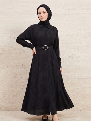 Miostil Yakalı Patlı Elbise-Siyah