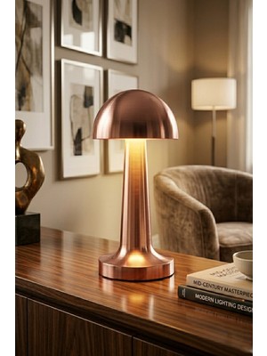Prime Home Mantar Masa Lambası Rose Bakırrenk Şarjlı Kablosuz Metal Masa Lambası, Dokunmatik LED Başucu Lambası
