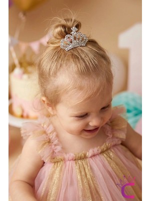 Cinderella Minimal 1 Yaş Kız Bebek Doğum Günü Tacı Kristal Taşlı - Parti Düğün Nişan Prenses Saç Topuz Tokası