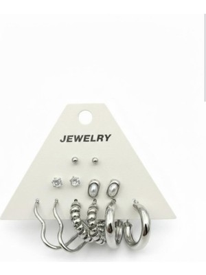 Stainless Steel Gümüş Renk 12 Adet (6 Çift) Paslanmaz Çelik Küpe Set 15