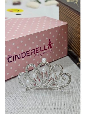 Cinderella Minimal Incili Taşlı Kız Çocuk Bebek Doğum Günü Tacı Gümüş - Parti Düğün Prenses Saç Topuz Tokası