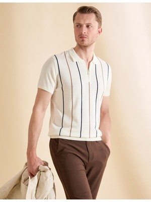 Pierre Cardin Erkek Ekru Slim Fit Polo Yaka Fermuarlı Triko Tişört 50325075-VR019