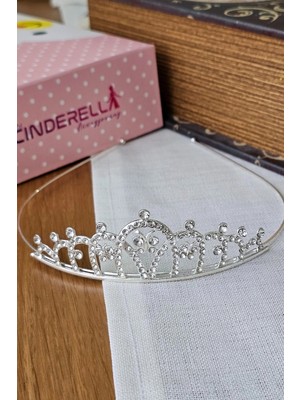 Cinderella Zirkon Taşlı Kız Çocuk Prenses Tacı Gümüş Model6 - Doğum Günü Parti Düğün Kına Kuran Saç Bandı Toka