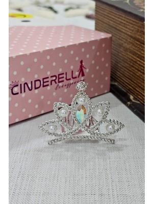 Cinderella Minimal Incili Zirkon Taşlı Kız Çocuk Bebek Doğum Günü Tacı Gümüş - Düğün Prenses Saç Topuz Tokası