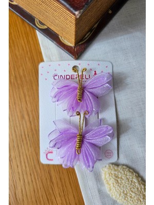Cinderella 2'li Mor Tül Kanatlı Gold Detaylı Kelebek Toka Seti 5cm - Kelebekli Toka Pens Klips Saç Tokası
