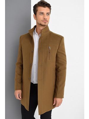 Dewberry Erkek Palto Camel Renk Yün Polyester Uzun Kol Midi Düz Desenli L Beden
