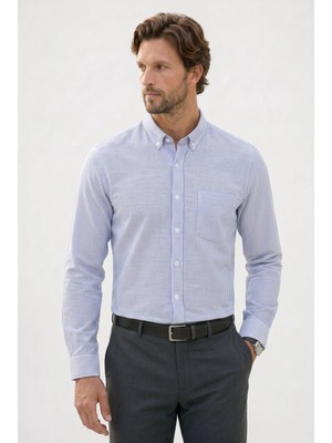 Tudors Erkek Slim Fit Dar Kesim %100 Pamuk Düğmeli Yaka Çizgili Uzun Kollu Cepli Keten Efektli Lacivert Gömlek