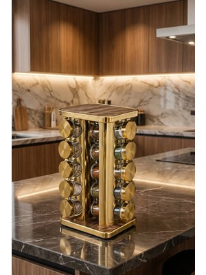 Makri Home 20’li Ahşap Desenli Gold Kare 360° Döner Standlı Baharatlık Cam Kavanoz Seti 118 ml