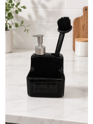 Makri Home 500 ml Siyah Seramik Sıvı Sabunluk Deterjanlık Fırçalık, 11X11X18 cm