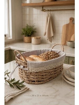Makri Home Oval Bambu Ekmek Sepeti, 30 x 21 x 10 Cm, Dantelli Çiçek Desenli Kumaş, Metal Çerçeve