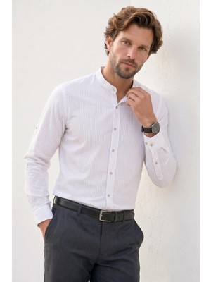Tudors Erkek Slim Fit Dar Kesim Uzun Kollu %100 Pamuk Keten Doku Çizgili Hakim Yaka Gömlek
