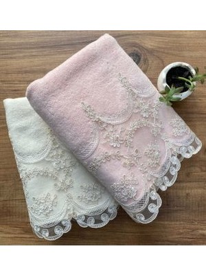 Çeyiz Bahçesi 2'li Fabella Kadife Havlu 50 x 90 cm Krem Pudra Renkli Özel Tasarım