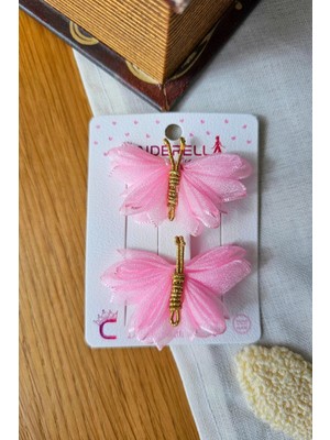 Cinderella 2'li Pembe Tüllü Kanatlı Renkli Kelebek Toka Seti 5cm - Kelebekli Toka Pens Klipsli Saç Tokası