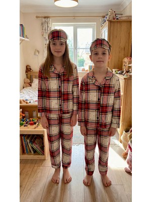 Enie Unisex Ekose Desenli 4 Mevsim Pijama Takımı + Gözbandı