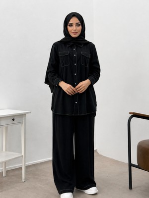 10653 Önden Düğmeli Beyaz Dikiş Geçişli Pantalon Bol Paça Spor Ikili Takım#26#