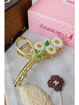 Cinderella Papatya Çiçekli Yapraklı Modern Kadın Mandal Toka 11.5cm Metal Gold - Mandallı Saç Tokası Aksesuarı