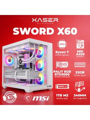 Xaser Sword X60 Ryzen 7 5700X 32GB Ram 1tb M.2 Nvme SSD 8gb RTX5060 Sıvı Soğutmalı Masaüstü Oyuncu Bilgisayarı