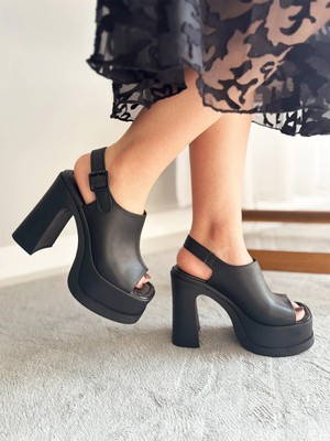 Asmi Shoes Kadın Veronica Siyah Cilt 12 cm Önü ve Arkası Açık Platform Topuklu Ayakkabı