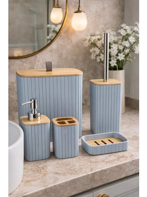 Makri Home Bambu Kapaklı Çizgili Dikdörtgen 5 Parça Banyo Seti, Gri, 21 x 19 x 24 Cm.