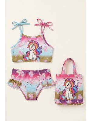 Modanino Kız Çocuk Çantalı 3'lü Mayo Takımı (Çanta+Mayo+Bikini) 3-10 Yaş 12649N