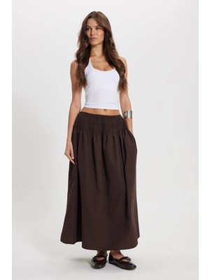 Tudors Kadın Slim Fit Dar Kesim Pamuklu Beli Lastikli Kahverengi Etek
