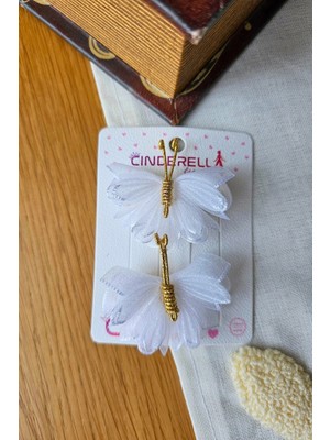 Cinderella 2'li Beyaz Tül Kanatlı Gold Detaylı Kelebek Pens Toka - Zarif Şık Sade Kelebekli Bayram Saç Tokası