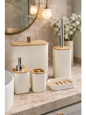 Makri Home Bambu Kapaklı Çizgili Dikdörtgen 5 Parça Banyo Seti, Krem, 21 x 19 x 24 Cm.